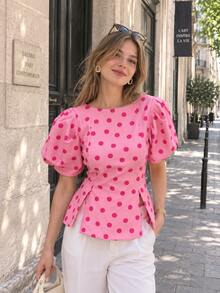 Solid Color Bubble Short Sleeve Polka Dot Top, Spring/Summer Pink, Soft Girl Style - Pink - View 7
