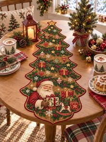 1pc-Vintage Christmas Tree Table Runner Holiday Decor, Unique Shaped Linen Table Runner With Santa Claus Gift Box Ornament Design, Rustic Farmhouse Xmas Dining Table Decoration For Kitchen Dining Room Party Home Holiday Decor - Multicolor - View 4