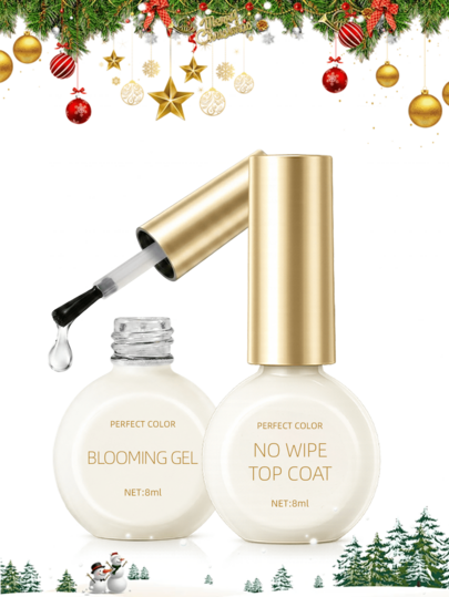 PERFECT COLOR 2pcs Blooming Gel Nail Kit, Blooming Gel And No Wipe Top Coat For Marble, Aura And Floral Nail Art, UV LED Gel System, Beginner Friendly Christmas And Holiday Manicure 8ml