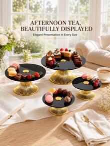 1pc Acrylic Dessert Tray, European Minimalist Design, Food Plate For Home Gathering Decoration, Cake Tray - Tall Plate With Gold Base and Black Plate - View 1