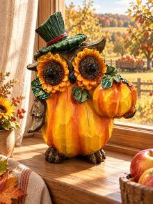 1pc Fall Pumpkin Owl Figurine, Sunflower Eye And Top Hat Design, Cozy Harvest Season Home Decor, Cute Tabletop Ornament For Bookshelf, Coffee Bar, Fireplace Mantel And Thanksgiving Party - New - View 1