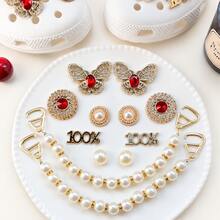12pcs Gold Red Rhinestone Pearl Clogs Shoe Charms, ABS Butterfly Rhinestone Pearl Chain Shoe Decoration Accessories For Women And Girls DIY - Gold Red Diamond Pearl Style - 12PCS - View 5