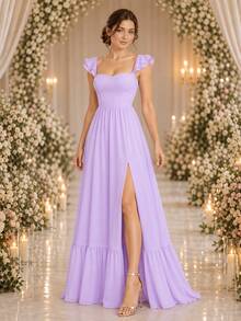 Volly Toych Elegant Lilac Purple Chiffon Bridesmaid Maxi Dress, Spaghetti Straps, Ruffle Sleeves, High Slit Long Skirt, Suitable For Formal Occasions Or Vacation - Mauve Purple - View 5
