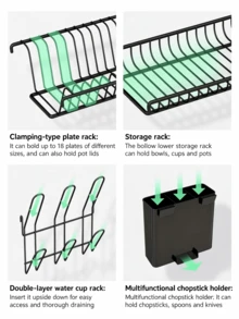2‑Tier Dish Drying Rack, Countertop Dinnerware Organizer With Cup Hooks & Utensil Caddy, Removable Drip Tray For Plates Bowls Glasses Cutlery, Sink‑Side Storage For Apartment Dorm Compact‑Space Household - Multicolor - View 5