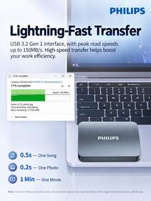 PHILIPS 1TB/2TB Options 2.5-Inch Portable Hard Drive 21PD Series USB 3.2 Gen 1 High-Speed Large Capacity External Mechanical Hard Drive External Computer Storage Compatible With Mac Office Home Data Backup Black Silver - View 5