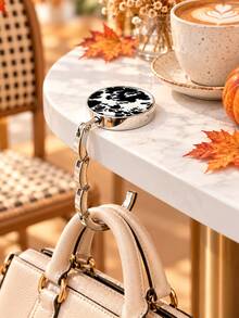 1pc Vintage Round Pattern Bag Hook, Multi-Pattern Metal Folding Table Edge Bag Clip, Portable Desktop Bag Holder, Student Backpack Hook, Sturdy Multi-Function Bag Stand - Multicolor - View 5