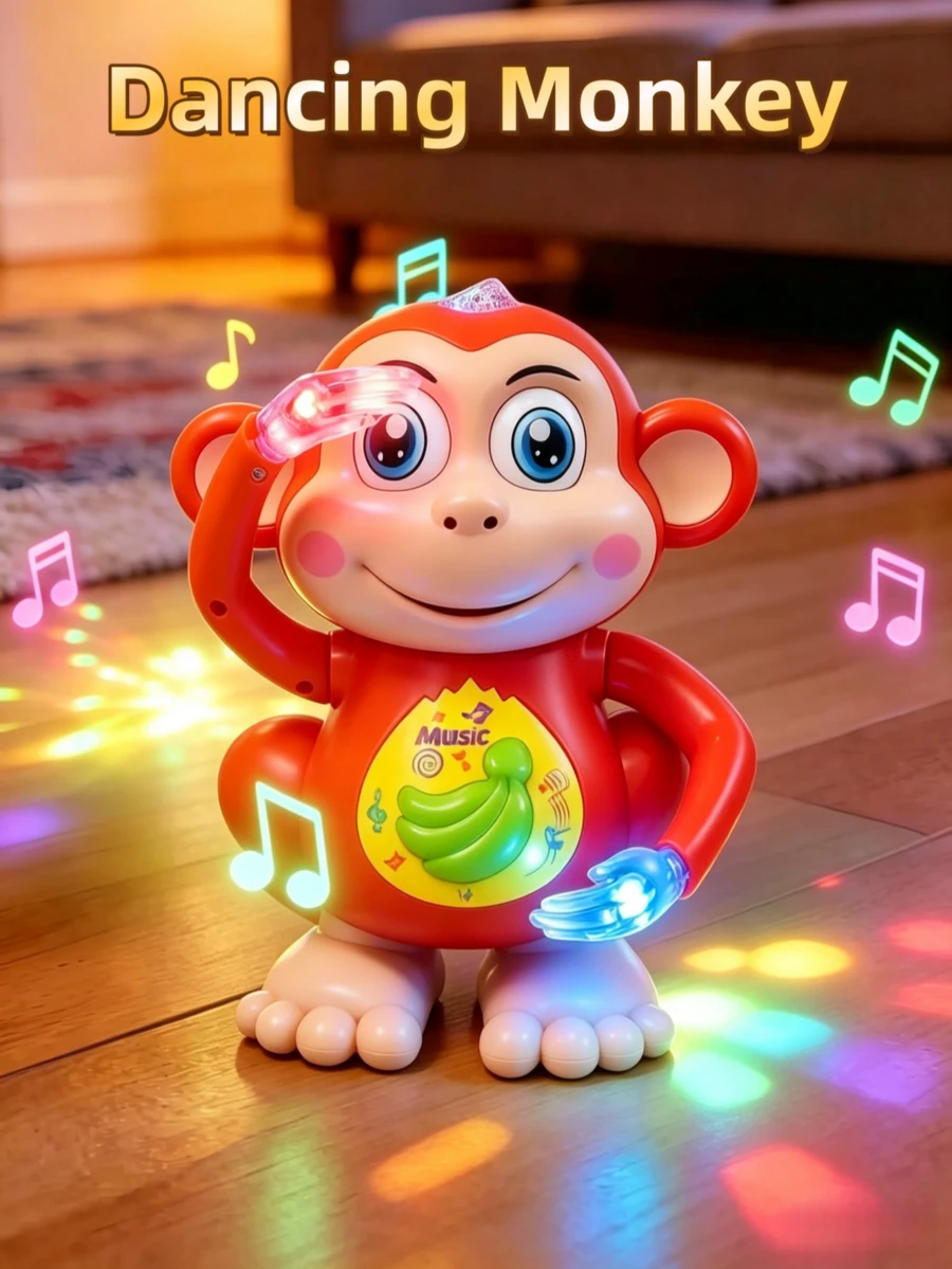會跳舞的音樂猴子玩具，附音樂、燈光與可動手臂，適合2歲以上兒童的教育音樂猴子玩具，生日、節日或聖誕禮物，互動教育玩具，幼兒玩具，助眠玩具，適合男孩與女孩