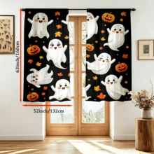 2pcs Halloween Digital Print Curtains, Cute Ghost Pumpkin Maple Leaf Pattern, Black Background Cartoon Style, Bedroom Living Room Home Decor - Multicolor - View 12