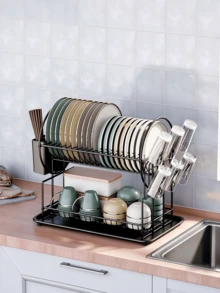2‑Tier Dish Drying Rack, Countertop Dinnerware Organizer With Cup Hooks & Utensil Caddy, Removable Drip Tray For Plates Bowls Glasses Cutlery, Sink‑Side Storage For Apartment Dorm Compact‑Space Household - Multicolor - View 9