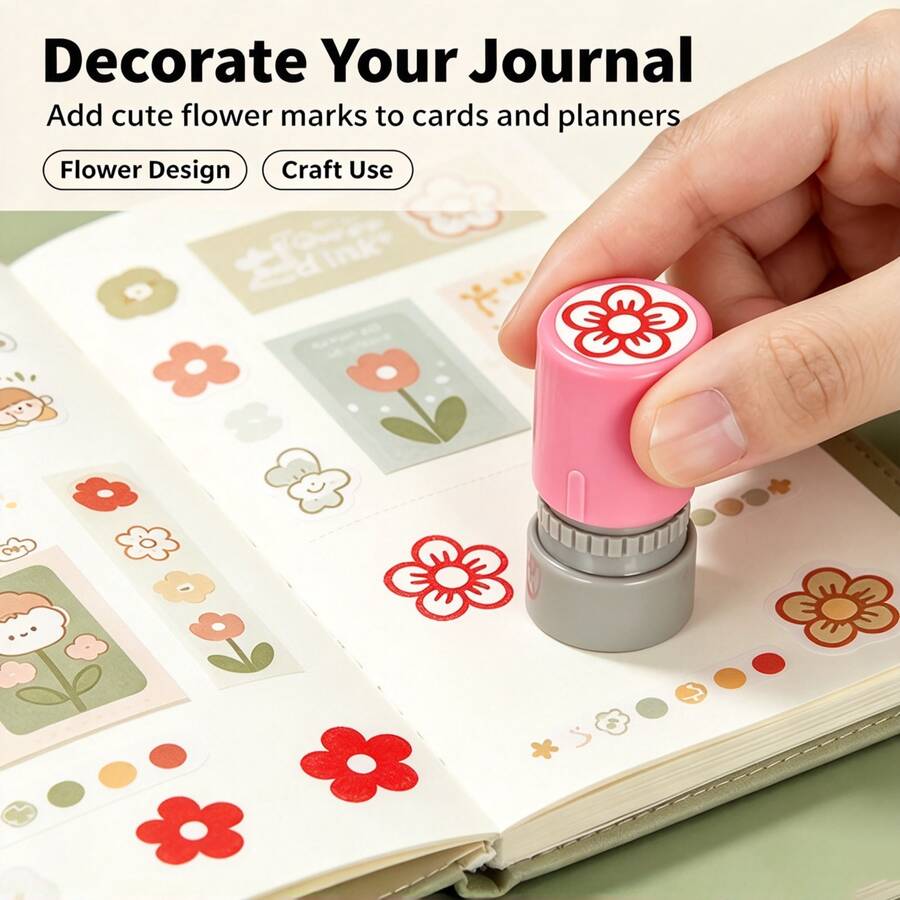 1pc Flower Pattern Stamp, Refillable Ink, Office Use, Cute Flower Pattern For Rewards, Commemorative Stamp, Portable, Mini Flower Stamp, Random Color - A - View 1