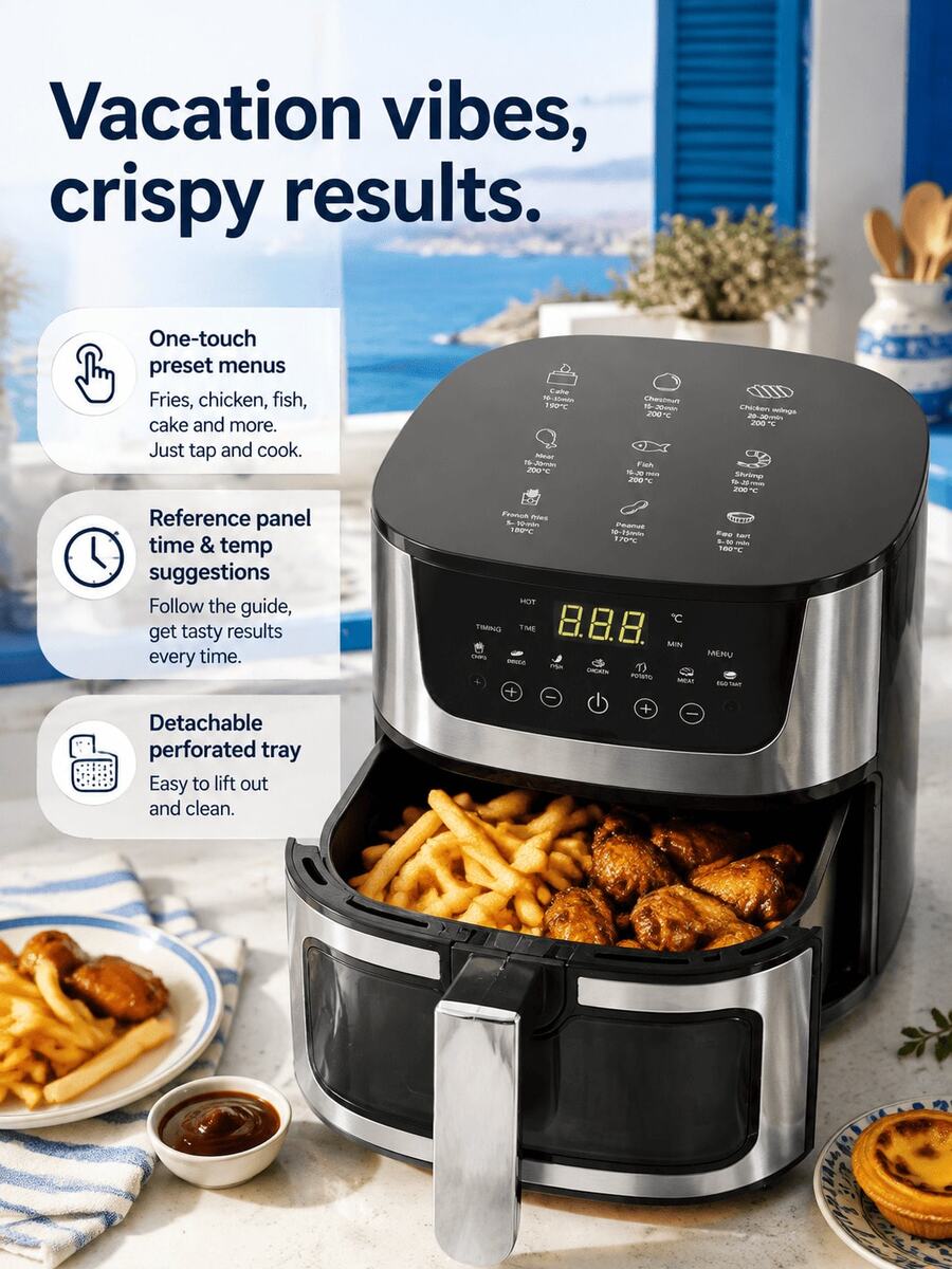 SMEG is gems 4.5L 氣炸鍋,1400W 附視窗,印有 9 種食物的時間與溫度指南,7 種烹飪預設與數位觸控控制 - 銀色 - 查看 1
