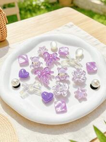 20件紫色可愛風鞋飾（透明蝴蝶結、花朵、熊、星星），適用於打孔拖鞋DIY裝飾配件，完美禮物選擇 - 淡紫色 - 查看 5