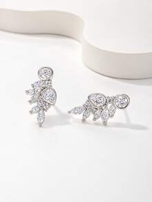 Besthing 1 Pair S925 Sterling Silver Luxury Leaf & Wing Moissanite Stud Earrings, Multi-Stone Asymmetrical Design, Delicate Earrings For Party, Formal Dress, Holiday Gift - Silver - View 7