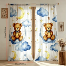 2pcs Cartoon Digital Print Curtains, Teddy Bear Swinging Moon And Clouds, Cute Watercolor Children Style, Baby Room Bedroom Decor - Multicolor - View 18