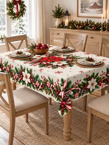 Christmas Print Tablecloth, Red And White Poinsettia, Candy Cane, Pine Branch, Pine Cone And Snowflake Pattern, Cream White Vintage Holiday Dining Tablecloth, Suitable For Christmas Dinner, Kitchen, Dining Room, Family Gathering And Winter Home Decor - Multicolor - View 3