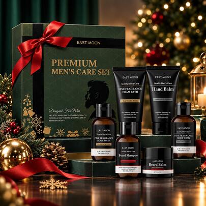 EAST MOON Men's Christmas Grooming Set, Body Face Beard Care, Daily Refreshing, Holiday Gift, Stocking Stuffer, Bath Body Kit, Beard Care, Face Care