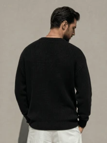 Men's Round Neck Pullover Knit Sweater, Casual Daily Commute College Style, Versatile Solid Color, Loose Fit Long Sleeve Knit Top, Autumn/Winter - Black - View 3