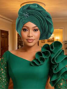 1pc Women's African Auto Gele Turban Hat, Pre-Made Pleated Headtie With Rhinestone Flower Decor, Nigerian Wedding Party Head Wrap Headpiece - A - View 9