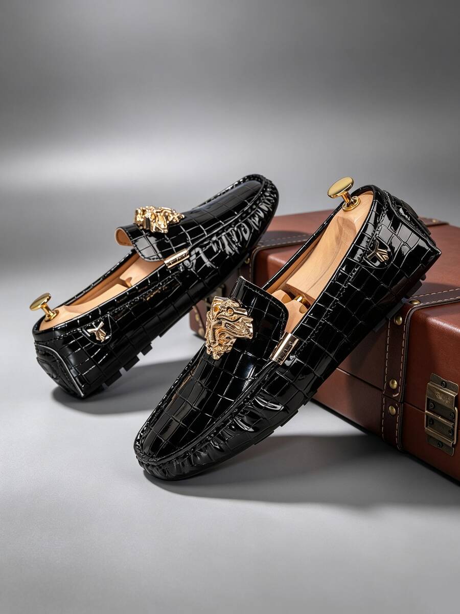 Men's Crocodile Embossed Loafers, Gold Metal Buckle Slip-On Driving ...