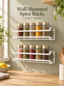 2pcs Wall-Mounted Spice Rack Storage Shelf, White Metal Wire Storage Rack, Space-Saving Spice Bottle Holder, With Drilling And Wall-Mounting Installation Options, Free Drill-Free Hooks Included, Suitable For Kitchen Pantry Cabinet, Home Cooking, Kitchen Organization And Storage - Multiple Styles - View 1