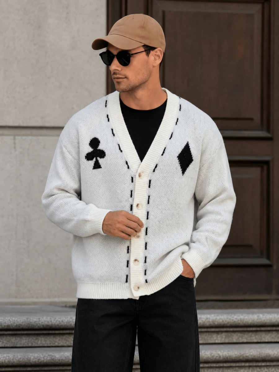 Men's Casual Fashion Daily Commute Home Poker Card Element Cardigan Sweater Fun Argyle Color Block V-Neck Knit Jacket Autumn/Winter - Apricot - View 1