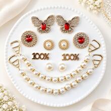 12pcs Gold Red Rhinestone Pearl Clogs Shoe Charms, ABS Butterfly Rhinestone Pearl Chain Shoe Decoration Accessories For Women And Girls DIY - Gold Red Diamond Pearl Style - 12PCS - View 1