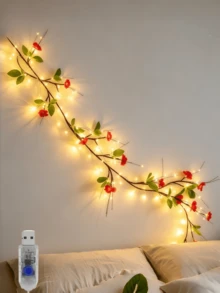 1pc LED Tree Light, Red Flower + Green Leaf Tree Light, USB Powered Peach Blossom LED String Light, Artificial Flower Garland, Warm Light Night Light, Plug And Play, Suitable For Indoor Home Decor, Christmas, Bedroom, Kitchen, Party Decoration (Battery Not Included) - M6-red Flower + Green Leaf - View 1