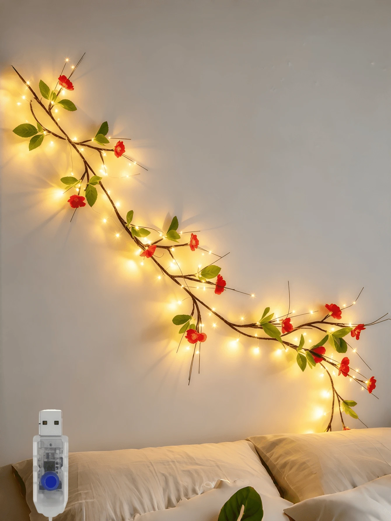 1pc LED Tree Light, Red Flower + Green Leaf Tree Light, USB Powered Peach Blossom LED String Light, Artificial Flower Garland, Warm Light Night Light, Plug And Play, Suitable For Indoor Home Decor, Christmas, Bedroom, Kitchen, Party Decoration (Battery Not Included) - M6-red Flower + Green Leaf - View 1