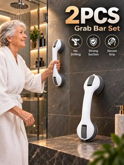 2pcs Bathroom Grab Bars, Strong Suction Cup No-Drill Shower Bathtub Toilet Support Handles, Elderly Assist Standing Support, Removable Home Bathroom Grab Bars