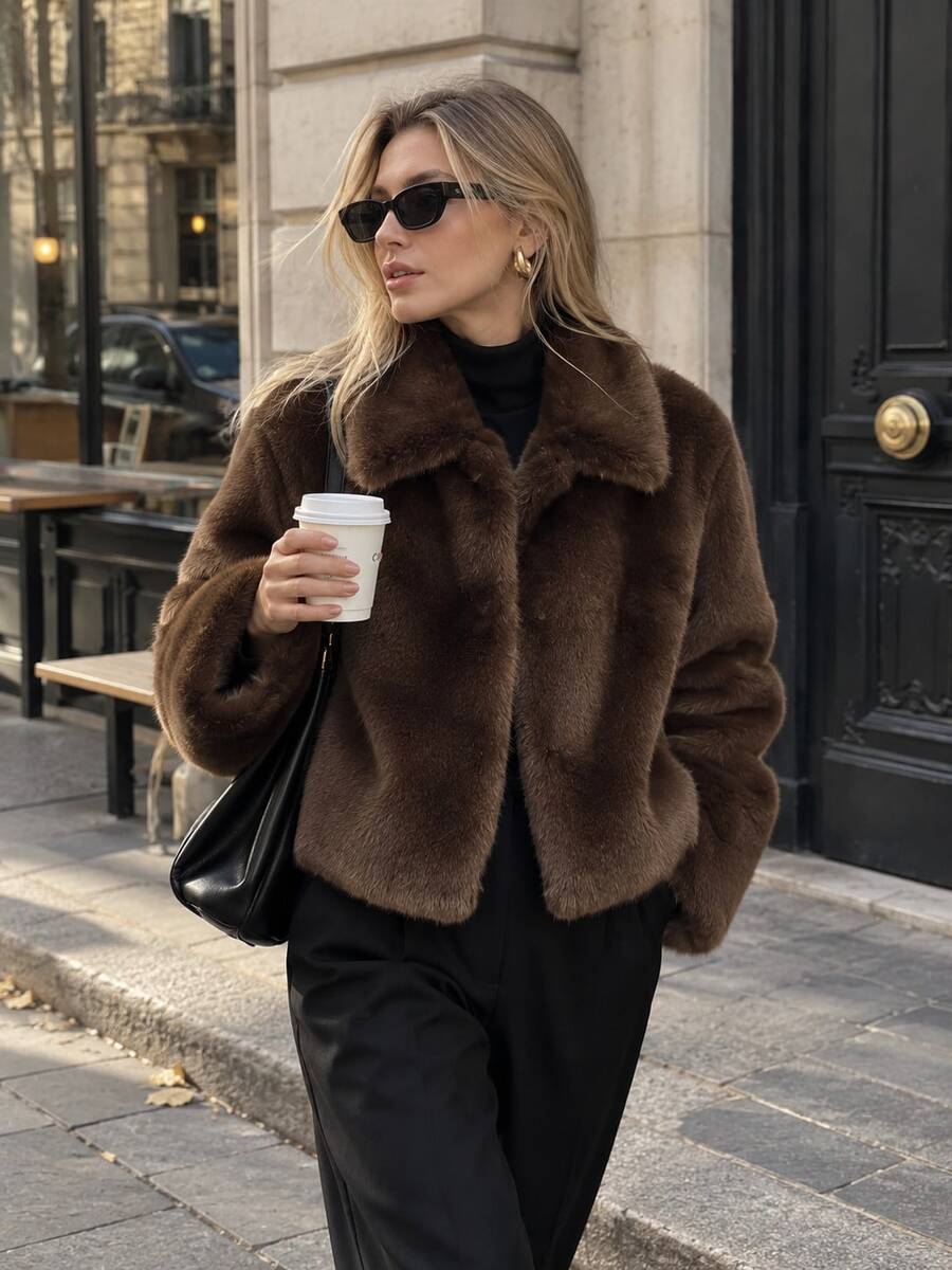 Women's Solid Color Long Sleeve Short Faux Fur Coat, Autumn/Winter Elegant - Mocha Brown - View 1
