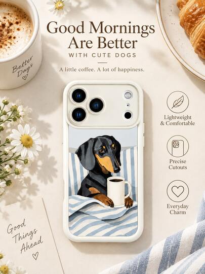 1 pieza Funda de teléfono con ilustración de perro salchicha bebiendo café, cachorro lindo con rayas azules y blancas, cubierta protectora compatible con iPhone 18 17 16 15 14 13 12 11/Pro/ProMax/X/XR/XS/XSMAX/7/8/PLUS compatible con Samsung/Honor