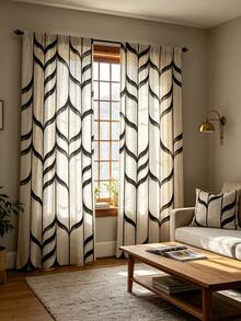 2pcs Digital Printed Curtains, Gray & Black Wave Geometric Pattern, Modern Industrial Style, Suitable For Living Room, Bedroom, Office Decoration - Multicolor - View 2