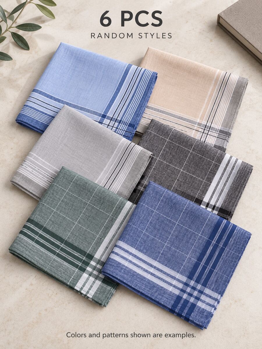 6pcs Men's Handkerchiefs, Random Colors, 15.75 Inch Large Size Pocket Squares, Plaid Pattern, Suitable For Wiping Sweat, Etiquette, Wedding, Suit Pocket Decoration, Also A Great Gift For Father, Grandfather - Multicolor - View 1