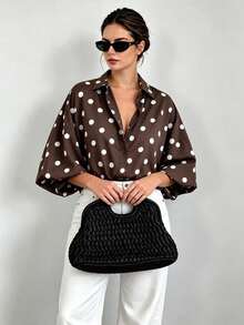 Plus Size Women French Polka Dot Print Button Long Sleeve Blouse - Coffee Brown - View 3