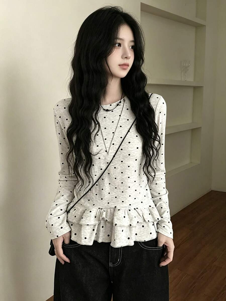 Korean Style Polka Dot Print Round Neck Long Sleeve T-Shirt For Women, Autumn New Ruffle Hem Top Casual Vacation Spring - Light Grey - View 1