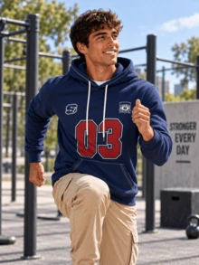 Men's Retro Sports Style 03 Number & Letter Logo Print Sweatshirt, Long Sleeve Drawstring Pocket Daily Streetwear Pullover - Navy Blue - View 1