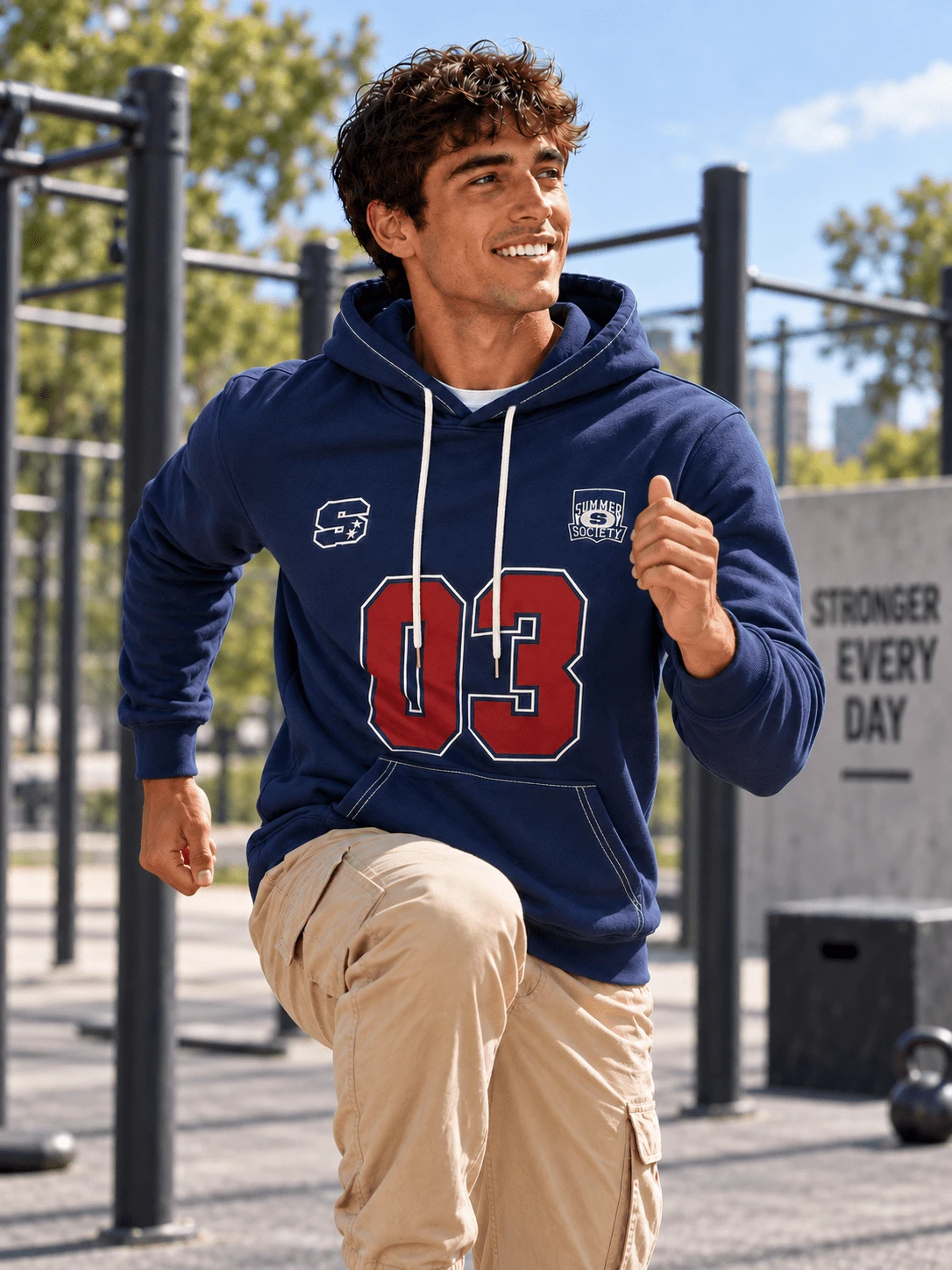 Men's Retro Sports Style 03 Number & Letter Logo Print Sweatshirt, Long Sleeve Drawstring Pocket Daily Streetwear Pullover - Navy Blue - View 1