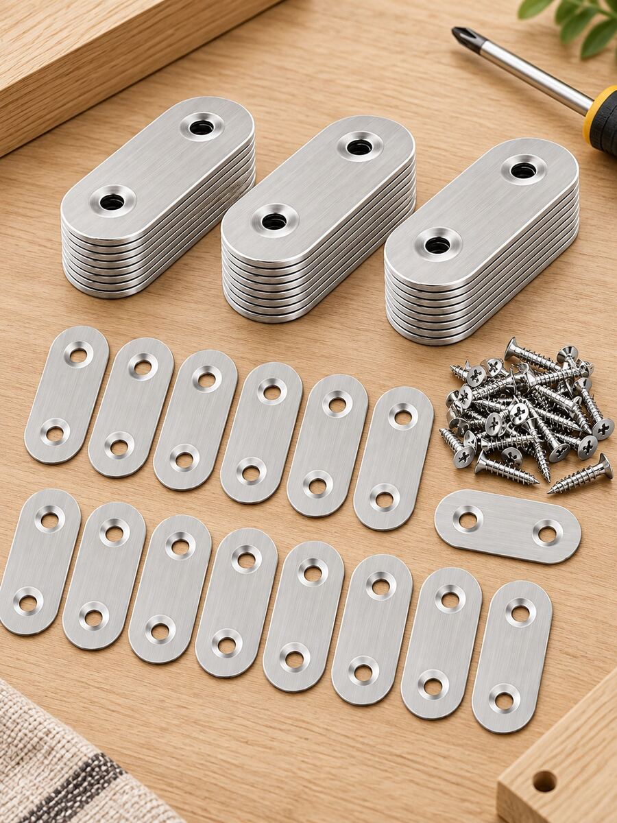 Stainless Steel 2-Hole Flat Mending Plates With Screws, Straight Connector Brackets For Furniture, Shelves And Wood Repairs