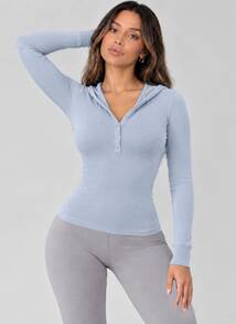 Women's Sports Top, Henley Half-Button Hooded Long Sleeve Ribbed Waist-Cinching Slim Fit Elastic Yoga Workout Wear - Baby Blue - View 5