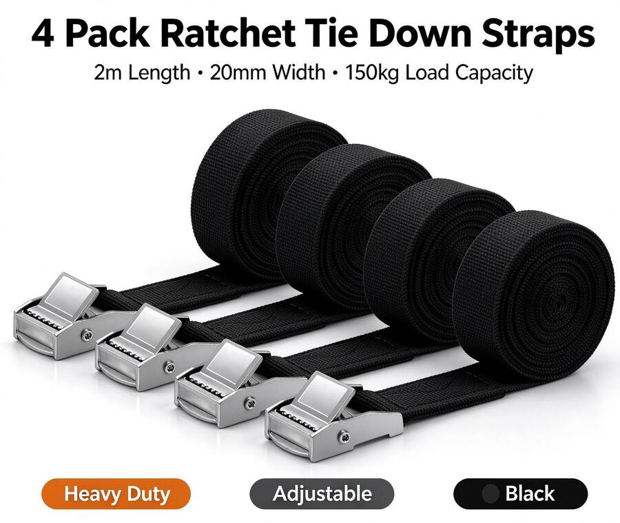 2-Meter Adjustable Strap, 4-Piece Set, Width 20mm, Load Capacity 150kg, Buckle-Type Fixed Strap, Suitable For Luggage And Camping, Black - 4 Pieces - View 1