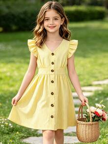 Left Mama Tween Girl Fresh Striped Cap Sleeve V-Neck Cinched Waist Dress For Summer - Yellow - View 1