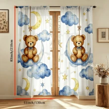 2pcs Cartoon Digital Print Curtains, Teddy Bear Swinging Moon And Clouds, Cute Watercolor Children Style, Baby Room Bedroom Decor - Multicolor - View 13