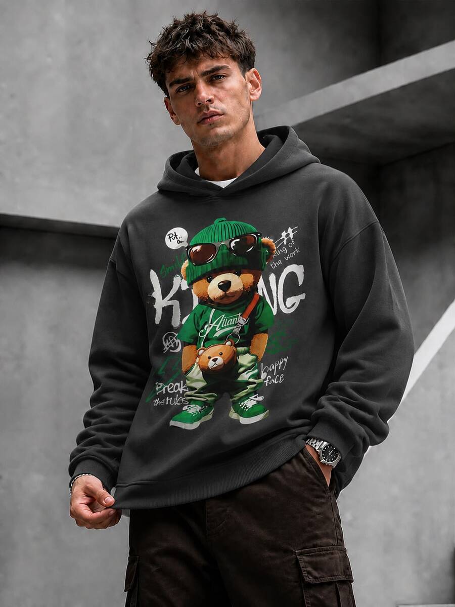Krometka Men's Casual Street Bear Element Printed Hoodie Sweatshirt, Autumn/Winter