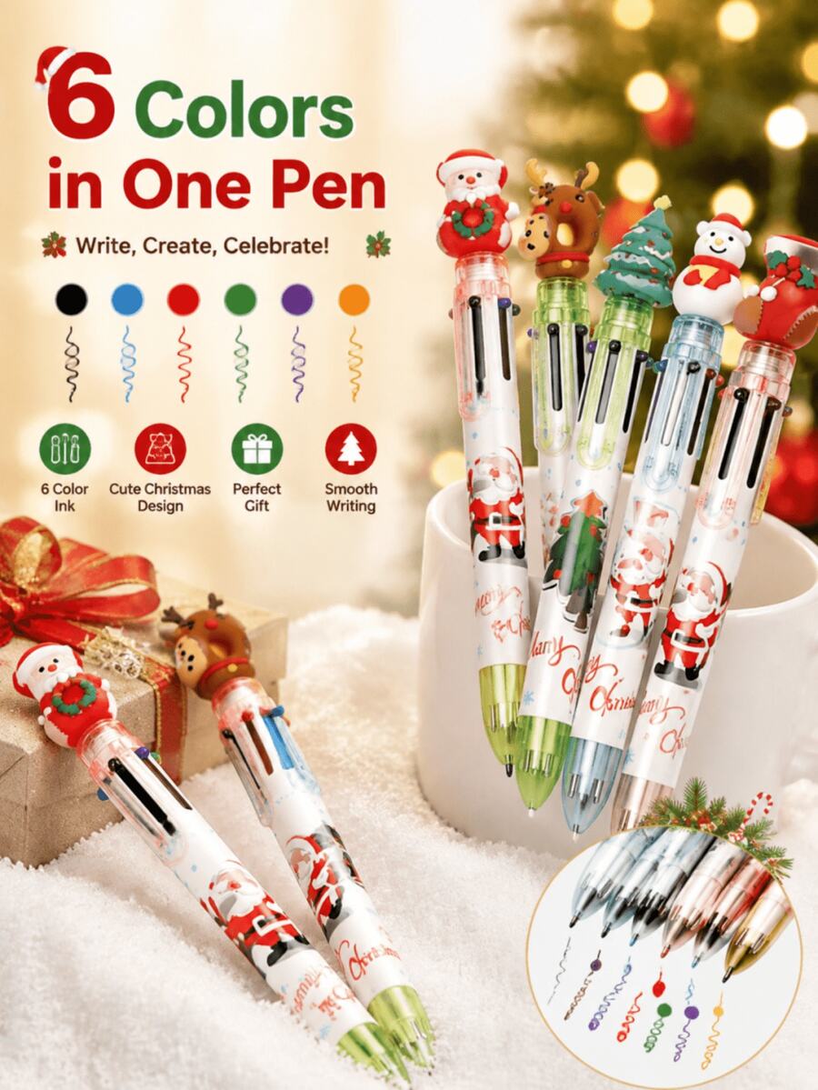 1/3/5/24pcs Christmas Theme Retractable Ballpoint Pens, 6 Color Options, 0.5mm Tip, Colorful Ink, Cute Cartoon Design, Plastic Barrel, Multiple Designs, Random Style, Perfect As Back To School Gift - Multicolor - View 1