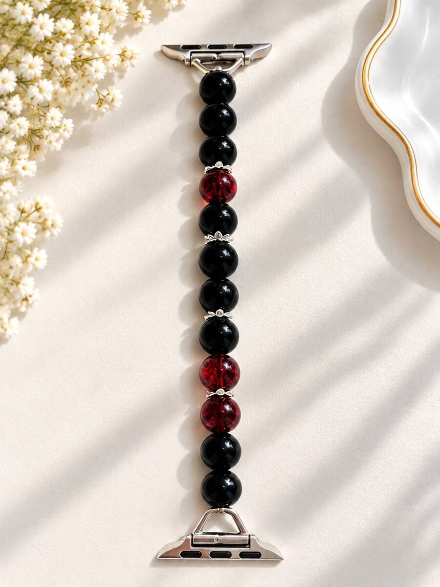 1pc Beaded Watch Band, Single Row Glass Inlaid Watch Band, Compatible With Apple Watch 38/40/41/S10-42mm Band (Women's Style) Women's Elastic Stretch Band - Minimalist Elegant Fashionable Shiny Glass Design - Comfortable Lightweight Durable Rope - Fits 5.5-6.3 Inch Wrist Circumference - Replacement Band Accessory (Due To Different Display Screens And Lighting, There May Be Slight Color Difference Between The Actual Product And The Image) - Black - View 1