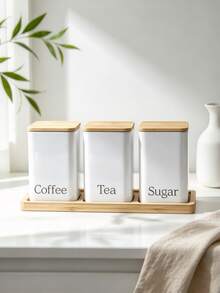 Kitchen Storage Canister Set, 3Pcs Coffee Tea Sugar Airtight Container With Bamboo Lid & Tray, Food Storage Jar For Countertop, Easy To Clean,Space Saving Ceramic Canister For Tea Coffee Sugar, Home Kitchen Organiser - View 3