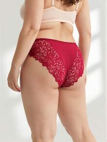 Rosiemei 1PC Plus Size Women's Sexy Burgundy Lace Panties With Floral Print - Red - View 2