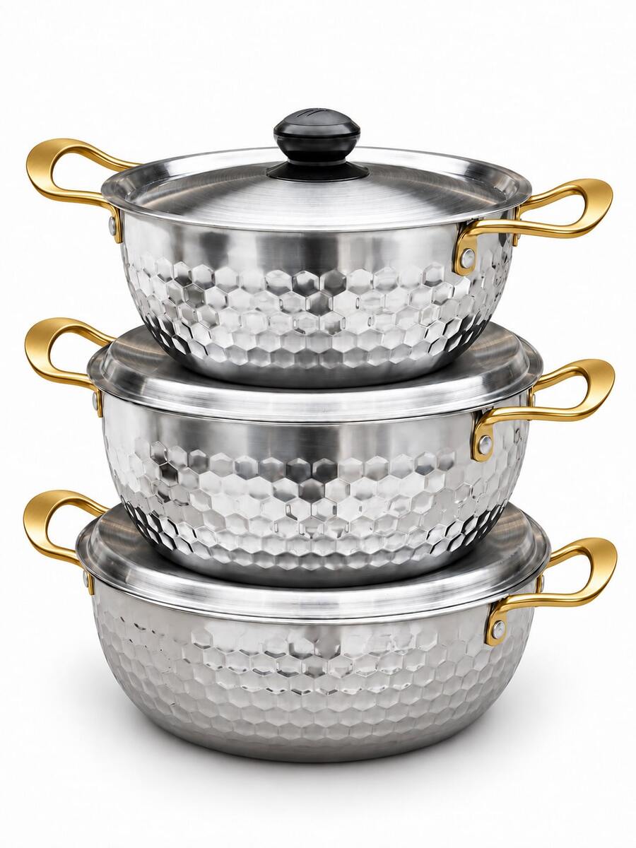 3-Piece Silver Lidded Double-Handle Soup Pot Set, Hammered Hexagonal Texture With Riveted Handle Details, Nestable Kitchen Cookware, Suitable For Cooking Soup, Pasta And Stew, Home Daily Cooking Cookware Set, Induction Cooktop Compatible - View 1