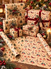 4 Sheets Vintage Christmas Wrapping Paper, Santa Claus Reindeer Tree Pattern, Holiday Gift Wrapping Paper, Suitable For Gift Boxes And Party Decorations - Multicolor - View 4