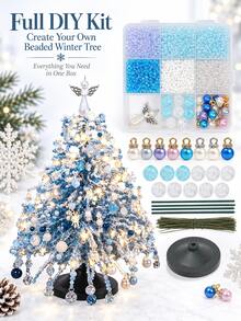 Snow Blue Beaded Christmas Tree Craft Kit - DIY Desktop Winter Wonderland Tree Metal Wire Handmade Set With Bursting Crystal Beads/Angel Tree Topper/LED Lights, For Adult Holiday Crafts, Fireplace Mantel And Tabletop Centerpiece - Blue Winter Style - View 4